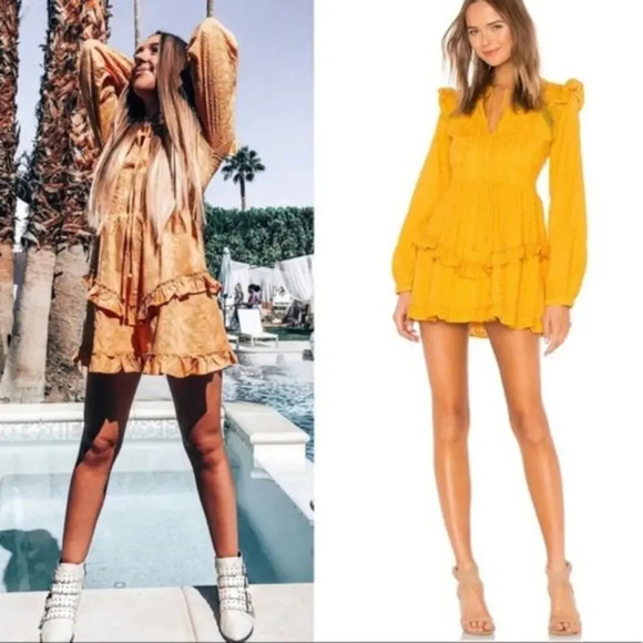 TULAROSA Lisa Blouson Sleeve Embroidered Dress Mustard Yellow Size Large Revolve - Picture 1 of 10